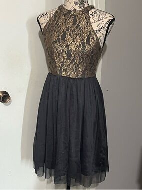 Gold Lace Bodice Black Skirt Halter Dress